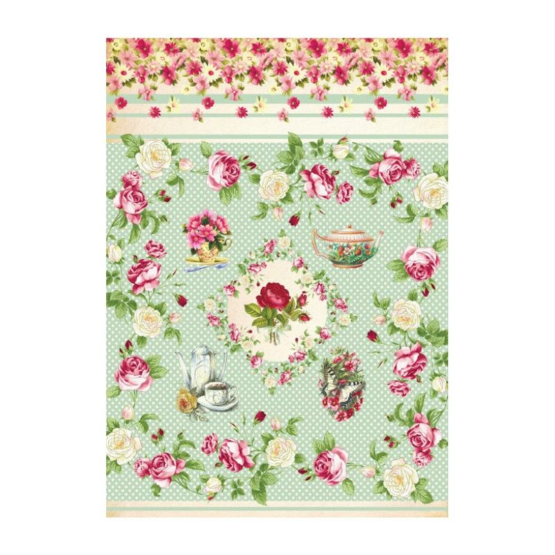 Papel de Arroz ROSAS FONDO VERDE PUNTOS 30x41cm