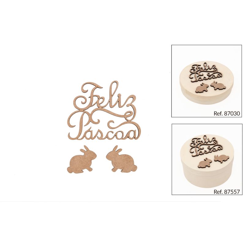 SET 6 CONJ. FELIZ PASCOA 8X6.5X0.3CM MDF+2 COELHOS 3.5X3X0.3