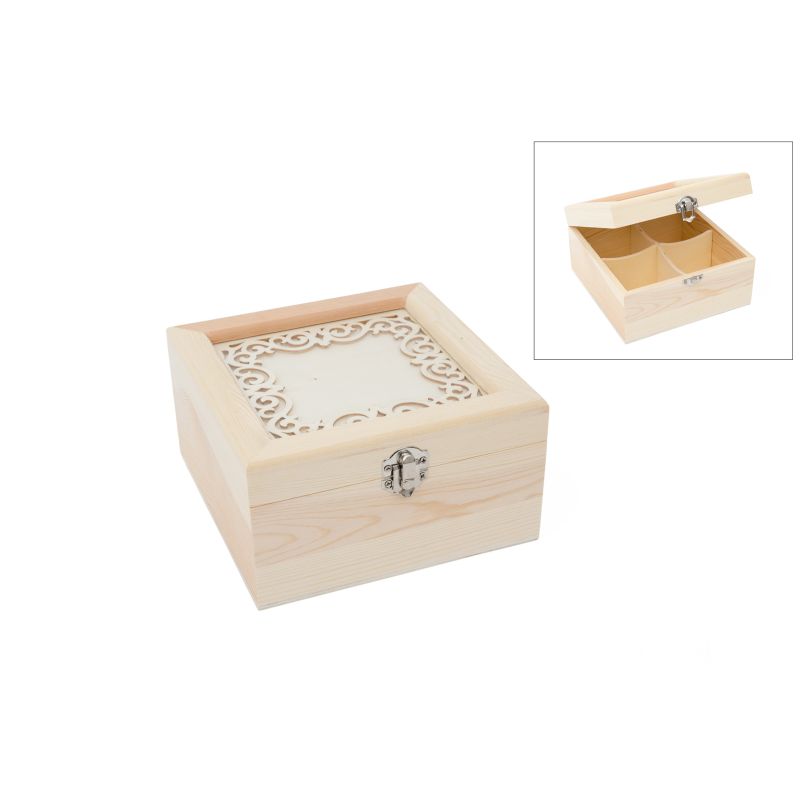  CAIXA CHA 4DIV. RENDILHADA 16.5X16.5X9CM C/VIDRO