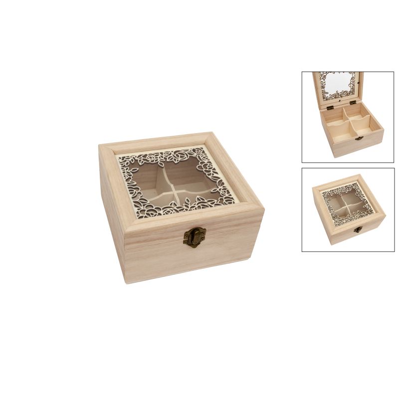 CAIXA CHÁ 4DIV. RENDILHADA 16.5X16.5X9CM C/VIDRO