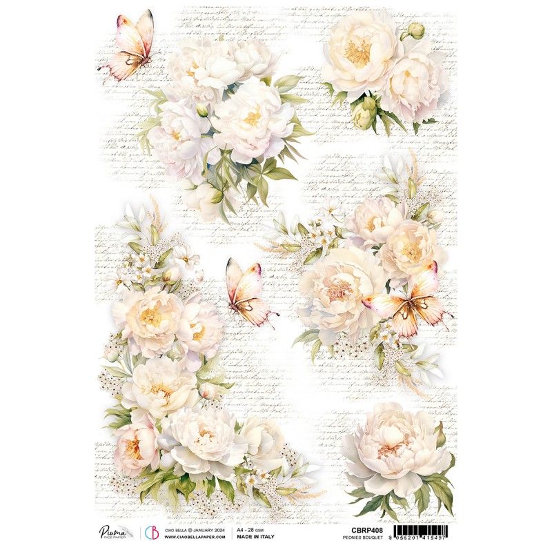 Rice Paper A4 Piuma Peonies Bouquet