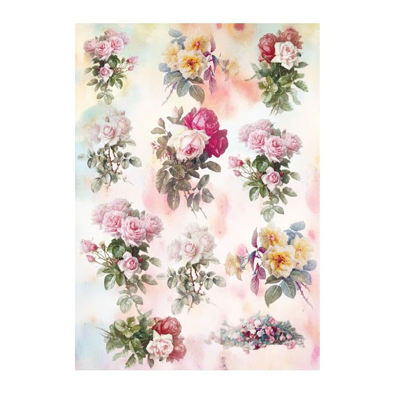 Papel de Arroz ROSAS SOBRE FONDO PASTEL 30x41cm