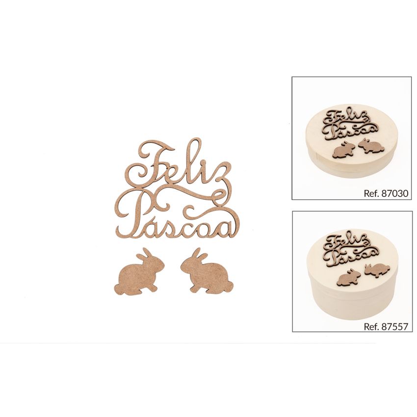SET 6 CONJ. FELIZ PASCOA 8X6.5X0.3CM MDF+2 COELHOS 3.5X3X0.3