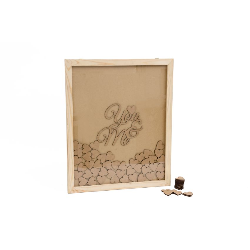 QUADRO 45X55X1.8CM C/VIDRO + YOU&ME + 100 CORAÇÕES 4X4CM