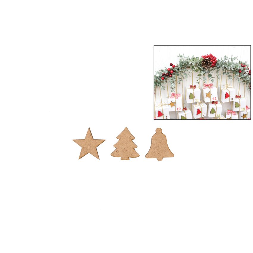 SET 12 APLICACOES SINO+ESTRELA+ARVORE 3X0.3CM MDF