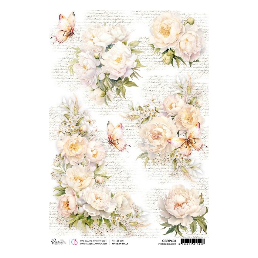 Rice Paper A4 Piuma Peonies Bouquet