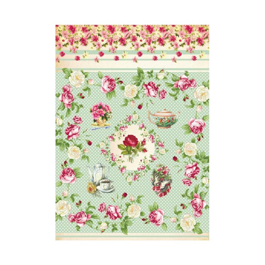 Papel de Arroz ROSAS FONDO VERDE PUNTOS 30x41cm