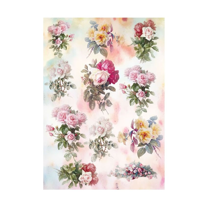 Papel de Arroz ROSAS SOBRE FONDO PASTEL 30x41cm
